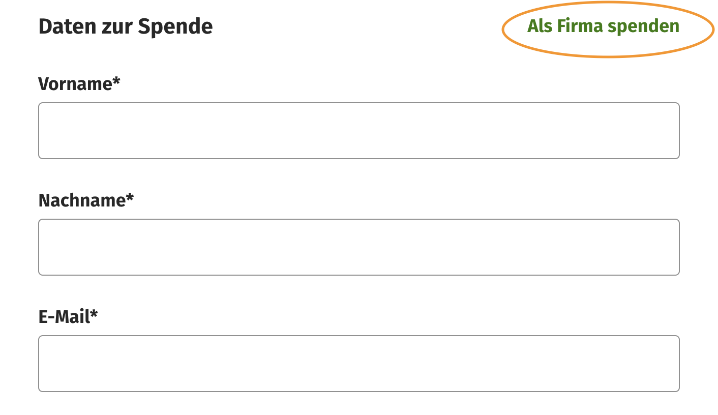 Screenshot des Spendenformulars mit Hervorhebung des Links 'Als Firma spenden'.
