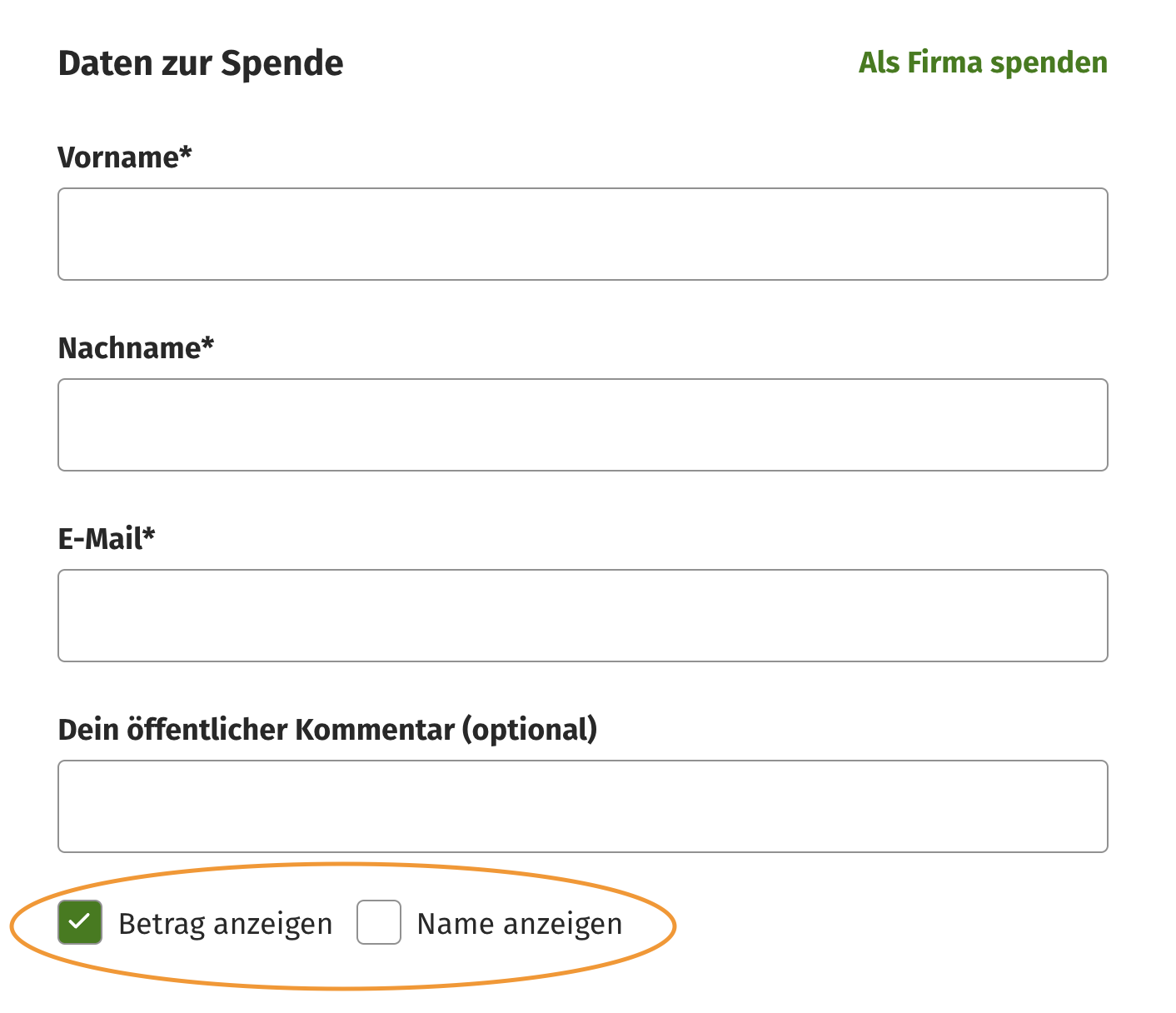 Ausschnitt des betterplace.org Spendenformulars, der die Checkboxen 'Name anzeigen' und 'Betrag anzeigen' hervorhebt.