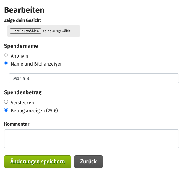 Screenshot des Bearbeitungsfensters auf betterplace.org, das die Optionen zur Bearbeitung der Spendenanzeige zeigt, wie z.B. Name anzeigen oder Betrag verbergen.