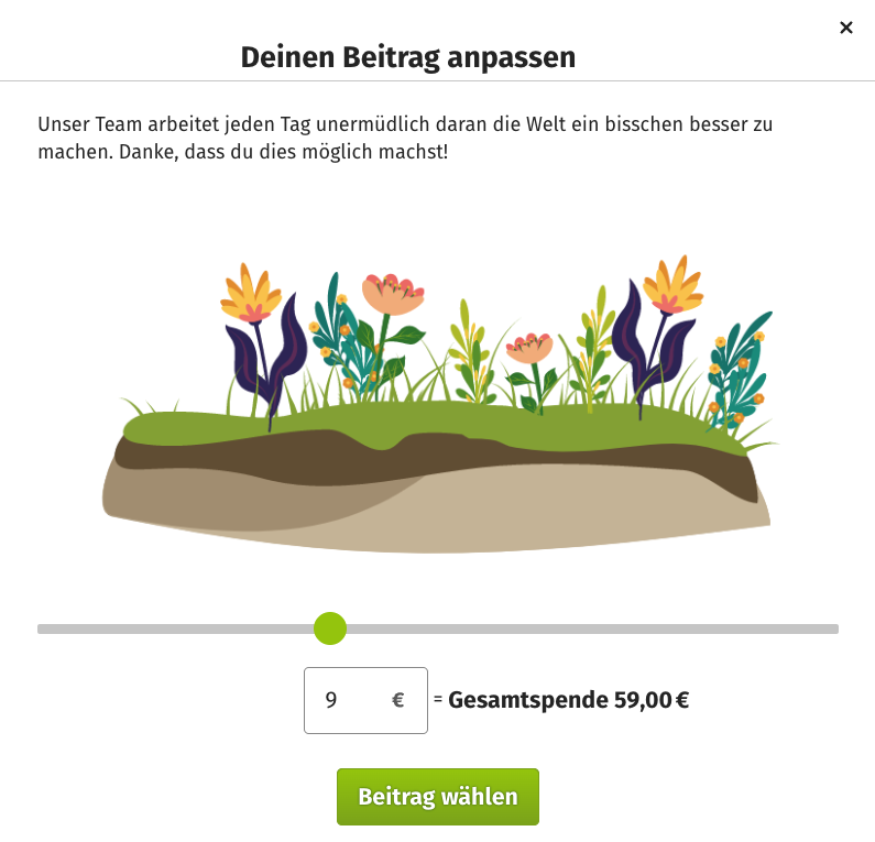 Screenshot des Spendenformulars auf betterplace.org, der den Regler für den freiwilligen Beitrag zum Betrieb der Plattform zeigt.