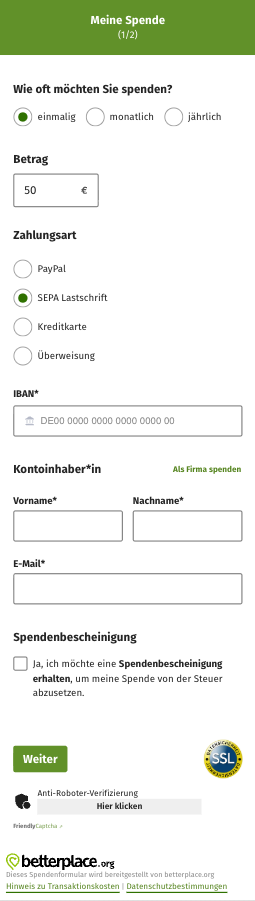 Ein Bild vom integrierten betterplace-Spendenformular