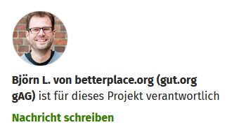 Screenshot der betterplace.org Projektseite, der den Bereich anzeigt, wo der Name der projektverantwortlichen Person und der Button 'Nachricht schreiben' zu finden ist.